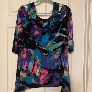 Clara Sun Woo Cold Shoulder Long Sleeve Tunic Rainbow Swirl on Black Pattern